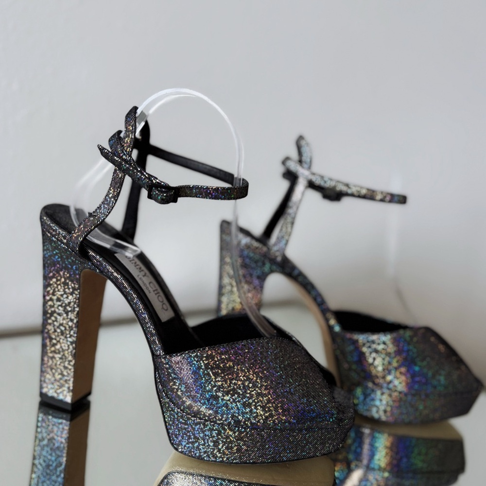 New JIMMY CHOO Sacaria Glitter Platform Sandal $925 40